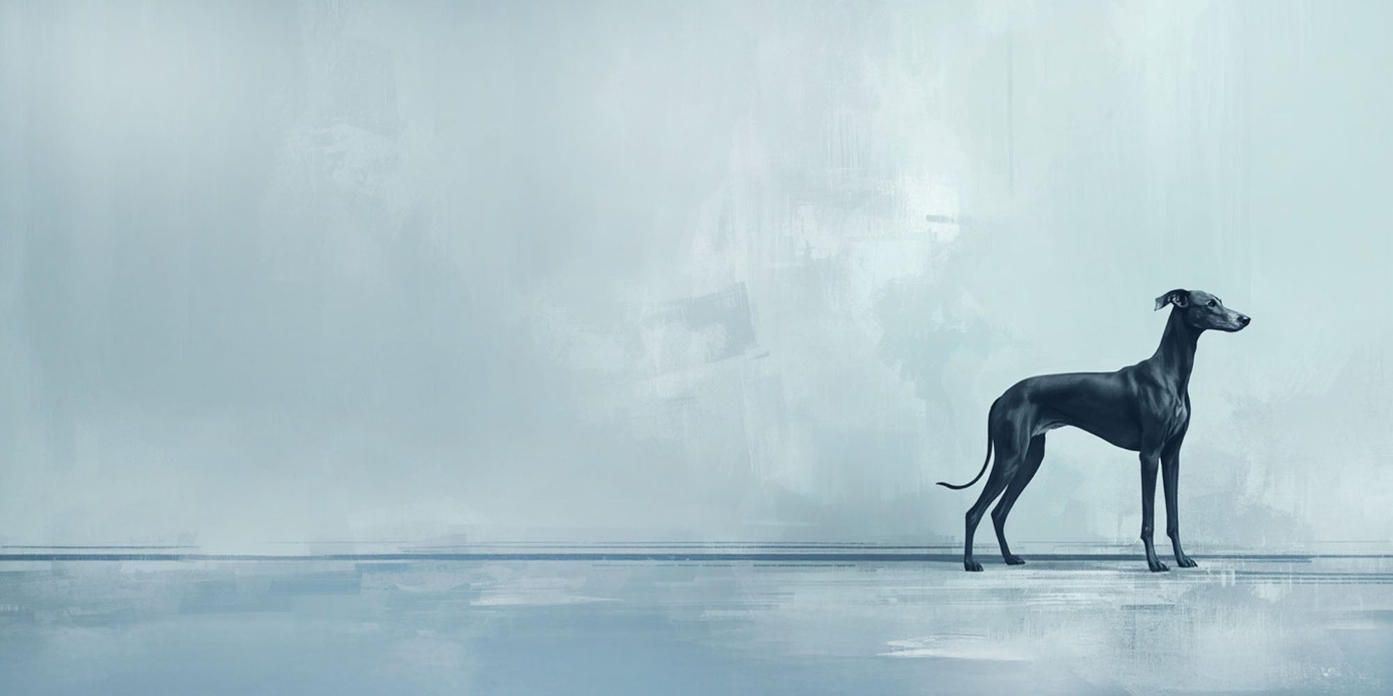 Dog standing on a reflective surface with a misty, gray background